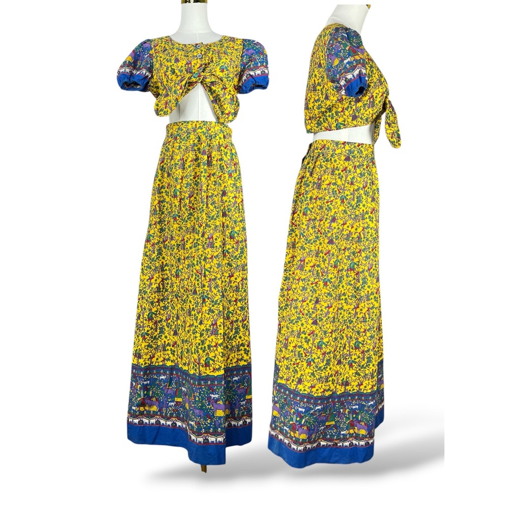 Vintage Helen Whiting Yellow Novelty Print 2 Piece Crop Top Maxi Skirt Set
